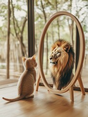 cat looking at the mirror with lion reflection, confidence and grit concept, inspirational