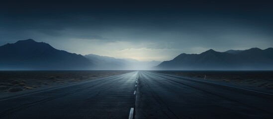 Desolate highway stretching towards a distant horizon under a dramatic sky with mountains in the background and an eerie atmospheric mood