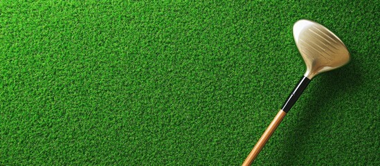 Golf club and ball on synthetic grass suitable for birthday card design promoting golf-themed celebrations and events.