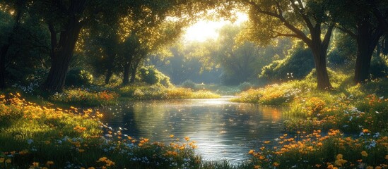 Serene forest landscape with tranquil river surrounded by blooming wildflowers and soft sunlight filtering through lush green trees