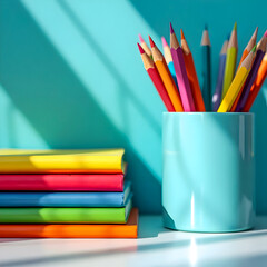 Fototapeta premium Colorful Crayons and Notebooks in a Teal Container