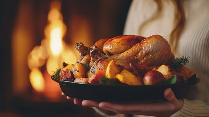 Woman holding a roasted turkey holiday dish at home , Christmas or thanksgiving holiday , fireplace living room background. 8k Resolution