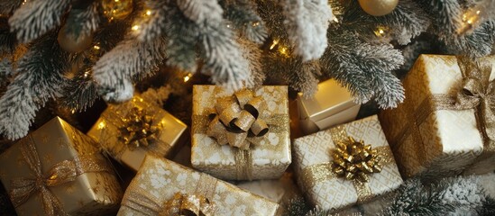 Cozy Christmas scene with elegant gold wrapped gifts and glittering ornaments under a festive pine tree lights creating a warm atmosphere
