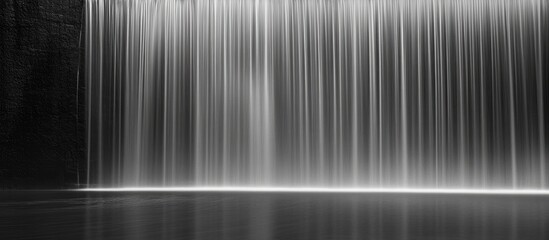 Serene monochrome close-up of a cascading waterfall showcasing smooth flowing water and tranquil reflections in still surface.