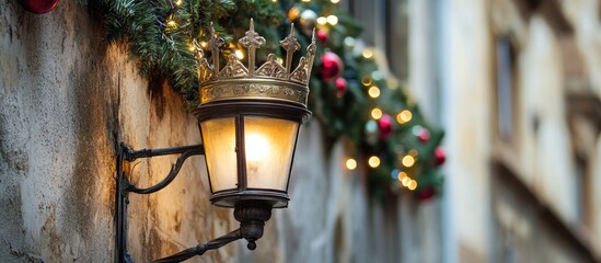 Elegant Christmas outdoor decorations showcasing a vintage lantern and crown adorned with festive...