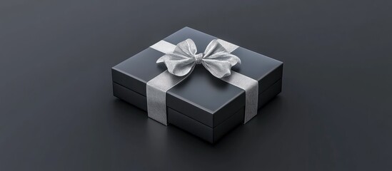 Elegant black gift box with silver ribbon perfect for Christmas decorations and festive celebrations on a dark background.