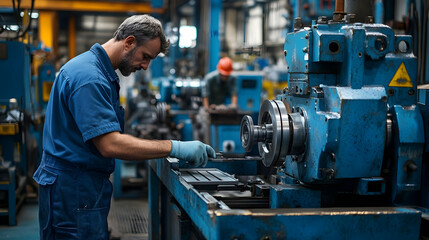 Fototapeta premium Factory Worker Carefully Operates Industrial Machine, Manufacturing Metal Parts in a Busy Factory Environment
