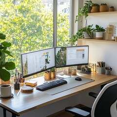 Fototapeta premium Sunlit workspace, dual monitors, plants.