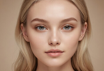 Naklejka premium young woman blonde hair natural makeup flawless skin skincare beauty cosmetics application moisturizer cream cheek soft lighting neutral background