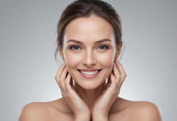 beautiful woman her late thirties perfect skin touching face smiling and looking camera light grey background