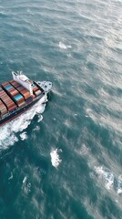Fototapeta premium An aerial view captures a container ship laden with cargo navigating the open sea, showcasing the scale of international commerce