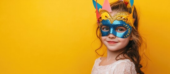 Obraz premium Young girl wearing a vibrant carnival mask smiles playfully against a bright yellow background depicting joy and festivity.