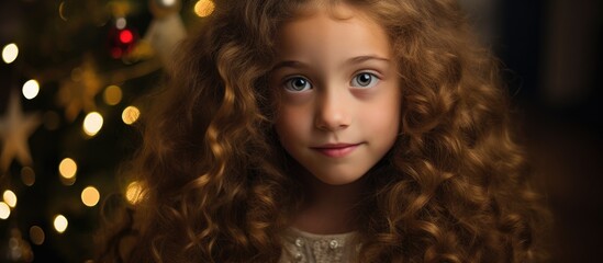 Fototapeta premium Young girl with curly hair and blue eyes celebrates Christmas with a beautifully decorated tree adorned with warm lights and festive ornaments.