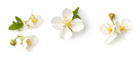 Obraz premium White Alba flower arrangement with green leaves isolated on a white background for botanical or floral design purposes.