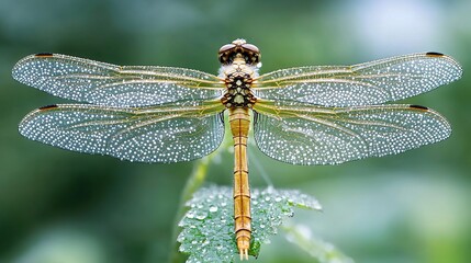 Dew-covered dragonfly perched on a leaf.