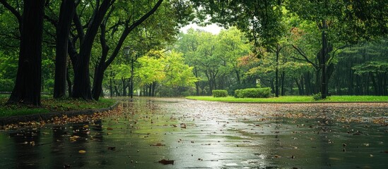 Lush green park pathway reflected in puddles after summer rainfall with vibrant foliage and serene ambiance.