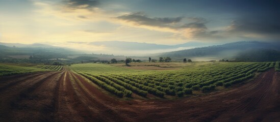 Fototapeta premium Expansive agricultural landscape at dawn with lush green fields and misty mountains in the background under a colorful sky
