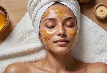 Close-up portrait facial skincare golden honey mask smooth skin eyes closed relaxed expression white towel soft lighting beauty treatment spa day self-care glowing complexion.