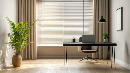 Modern home office designed in a Mid-Century Modern style, featuring a sleek black desk paired with an elegant velvet chair. 