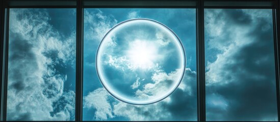 Artistic depiction of a luminous circle in the sky framed by modern windows reflecting a dynamic cloudscape.