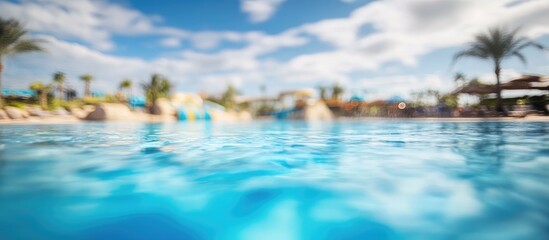Obraz premium Tropical water park scene with blurred focus on blue swimming pool and clear sky creating a serene leisure atmosphere