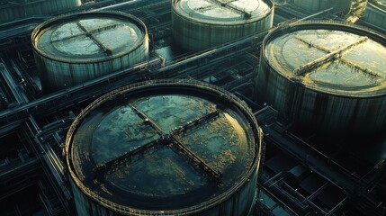 Aerial View of Massive Oil and Gas Chemical Tanks - Aerial shot of industrial oil and gas storage tanks, showcasing scale, infrastructure, and environmental impact.  Energy, industry, refinery, storag
