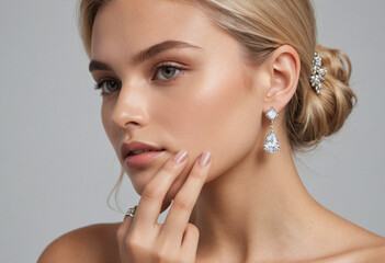 Minimalist jewelry model poster image light solid color background blank left close-up blonde latin beauty touching her side face.