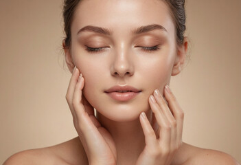 Beauty portrait flawless skin skincare routine moisturizer application closed eyes serene expression nude makeup natural glow beige background.