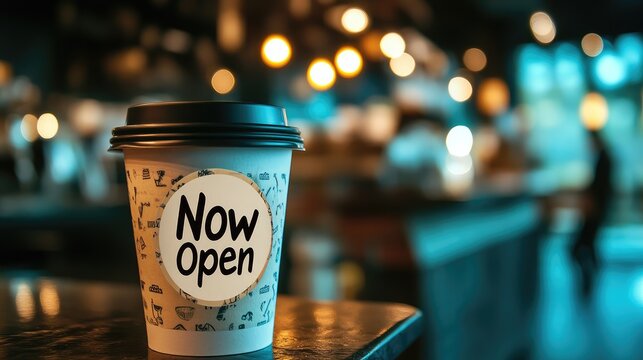 Captivating Coffee Shop Scene with Now Open Sign on Stylish Cup in a Cozy Atmosphere with Bokeh Background and Warm Lighting for Inviting Ambiance Look