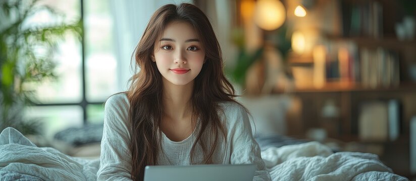Young Asian woman engaged in work on a laptop while relaxing comfortably on her bed in a cozy and bright bedroom setting