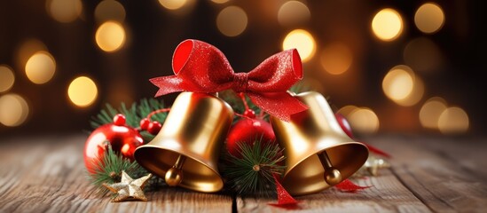 Golden Christmas jingle bells decorated with a red ribbon and festive wreath on wooden background with soft glowing bokeh lights