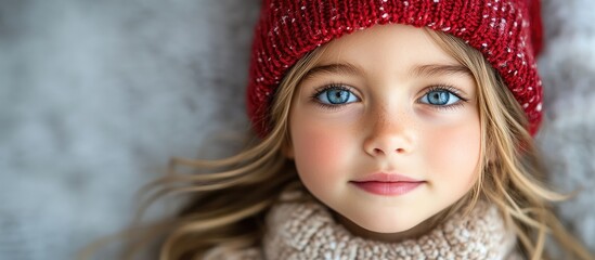 Fototapeta premium Young girl with blue eyes wearing a red Santa hat and cozy sweater smiling against a soft gray background during the holiday season