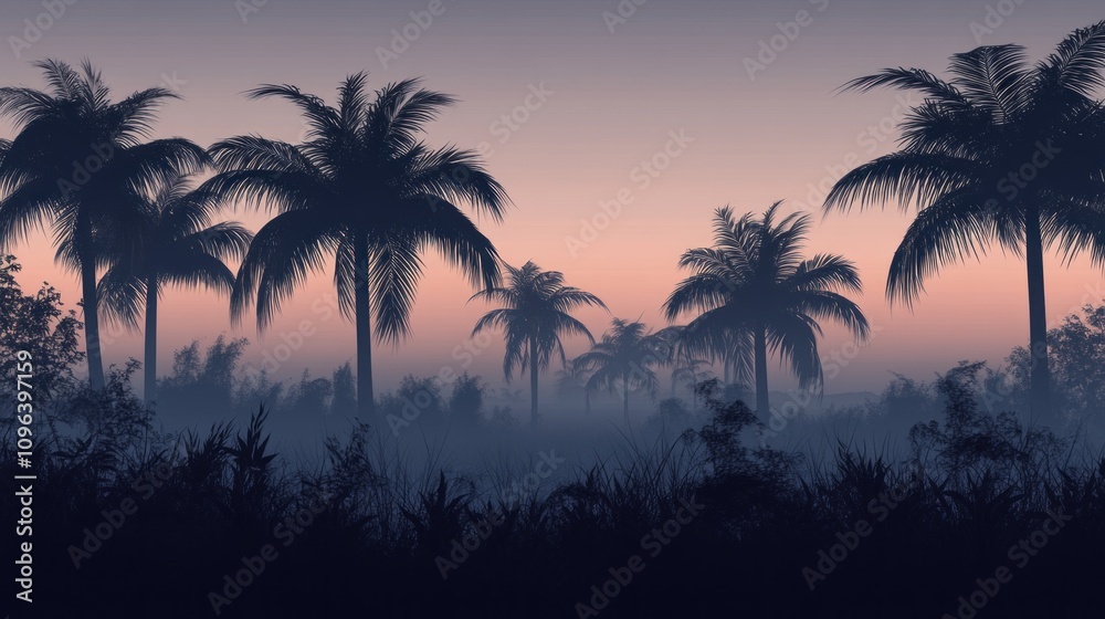 Poster a tropical forest with palm trees and a beautiful sunset in the background