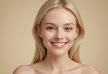 Beautiful blond smiling woman light pale yellow background.