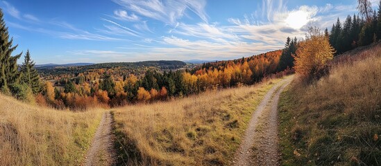 Fototapeta premium Autumn landscape with vibrant foliage overlooking hills and paths under a clear sky in serene natural setting