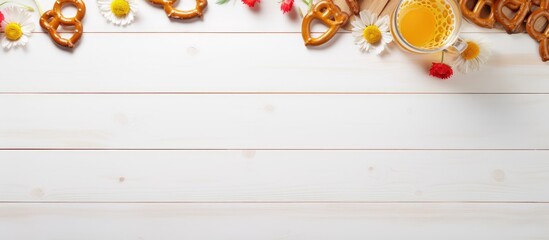 Cozy wooden table setting with beer mugs pretzels and heart-shaped cookies decorated with flowers for event invitations or greeting cards