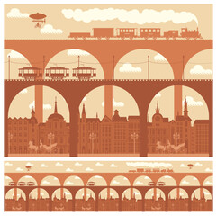 Vector seamless horizontal pattern with an old town or city with bridges and vintage transport, Vintage steam locomotive and tram in retro style