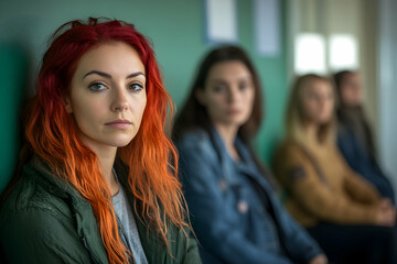 Obraz premium A Young Woman with Vibrant Red Hair Sits Pensively, Waiting with Others in a Green Room