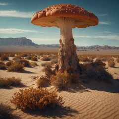 A surreal desert with oversized glowing mushrooms.