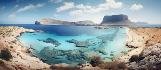 Fototapeta premium Panoramic view of the stunning Bay of Balos featuring turquoise waters and rocky islands under a clear blue sky