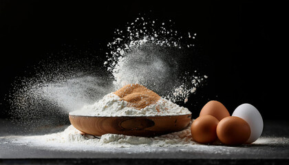 A pile of flour with eggs and eggshells, captured in a dynamic -explosion- setup with powder falling against a dark background for a dramatic baking scene