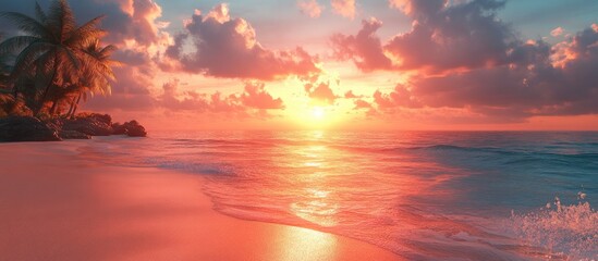 Serene beach sunset over island with vibrant skies and gentle waves creating a tranquil tropical atmosphere.