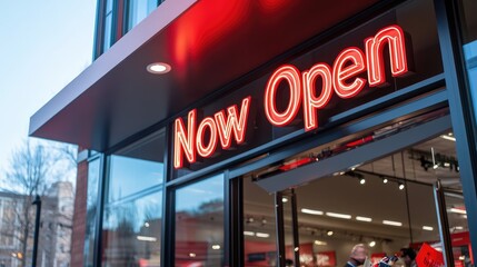 Bright Neon Sign Advertising New Store Opening with Welcoming Atmosphere and Shoppers Entering Through Doors in Modern Urban Setting