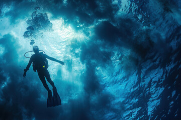 Beautiful diver goes on an underwater adventure in frighteningly deep sea