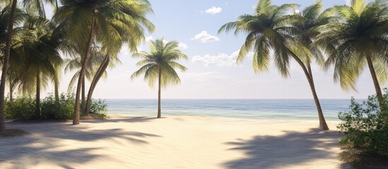 Fototapeta premium Tranquil beach scene with swaying palm trees and serene ocean view under a clear blue sky for tropical escape and relaxation.
