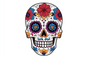 Artistic skull tattoo with red and blue accents