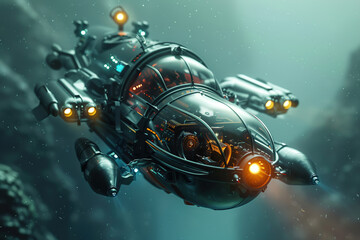 Fototapeta premium Beautiful large bathyscaphe floating in middle of ocean during exploration