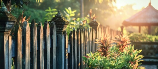 Obraz premium Serene Balinese wooden fence adorned with lush greenery illuminated by warm morning sunlight