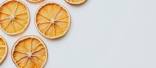 Dried orange slices arranged on a white background showcasing natural textures and vibrant colors...