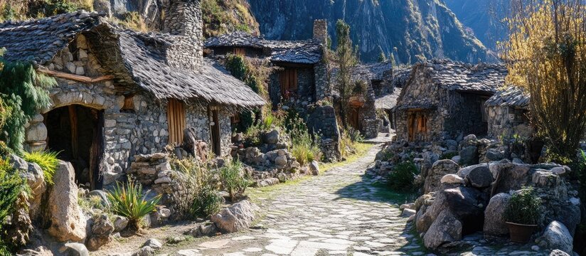 Chilean village scene featuring ceremonial stone structures and pathways in a picturesque landscape during the traditional birdman contest